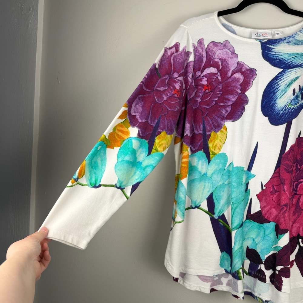 Denim & Co. Blouse Women's Large White Multi Floral Print Round Neck Pullover - Picture 6 of 11